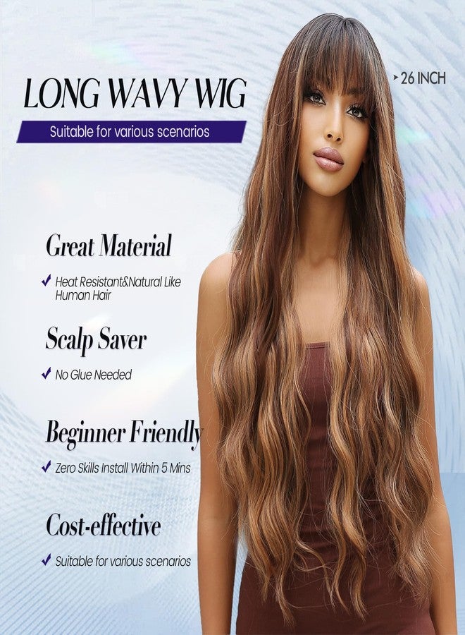 Allbell Long Wave Brown Highlight Wigs with Bangs for Women Synthetic Hair Dark Roots - Image 2